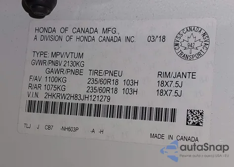 2018 Honda Cr-V Ex-L/Ex-L Navi from USA, damaged, VIN 2HKRW2H83JH121279